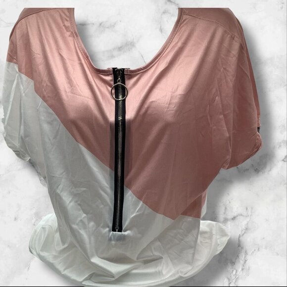 Color Block Top With Front Zipper Detail For Women’s Size M Pink & White - Picture 6 of 7